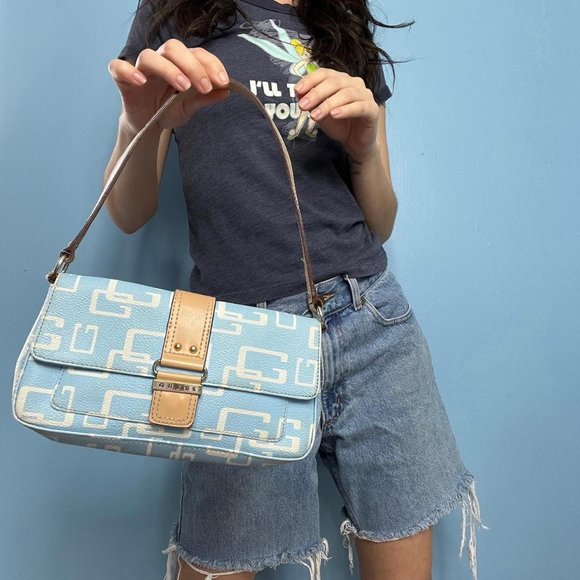 Guess Handbags - RETRO Y2K BABY BLUE GUESS BRAND MONOGRAM MINI SHOULDER BAG